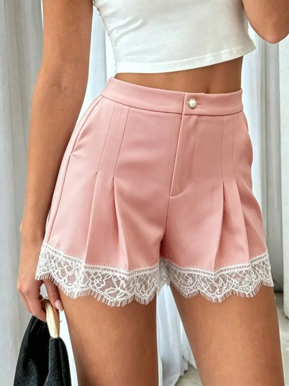 Pink Casual Women's Elegant Minimalist Pleated A-Line Lace Wide Leg Shorts